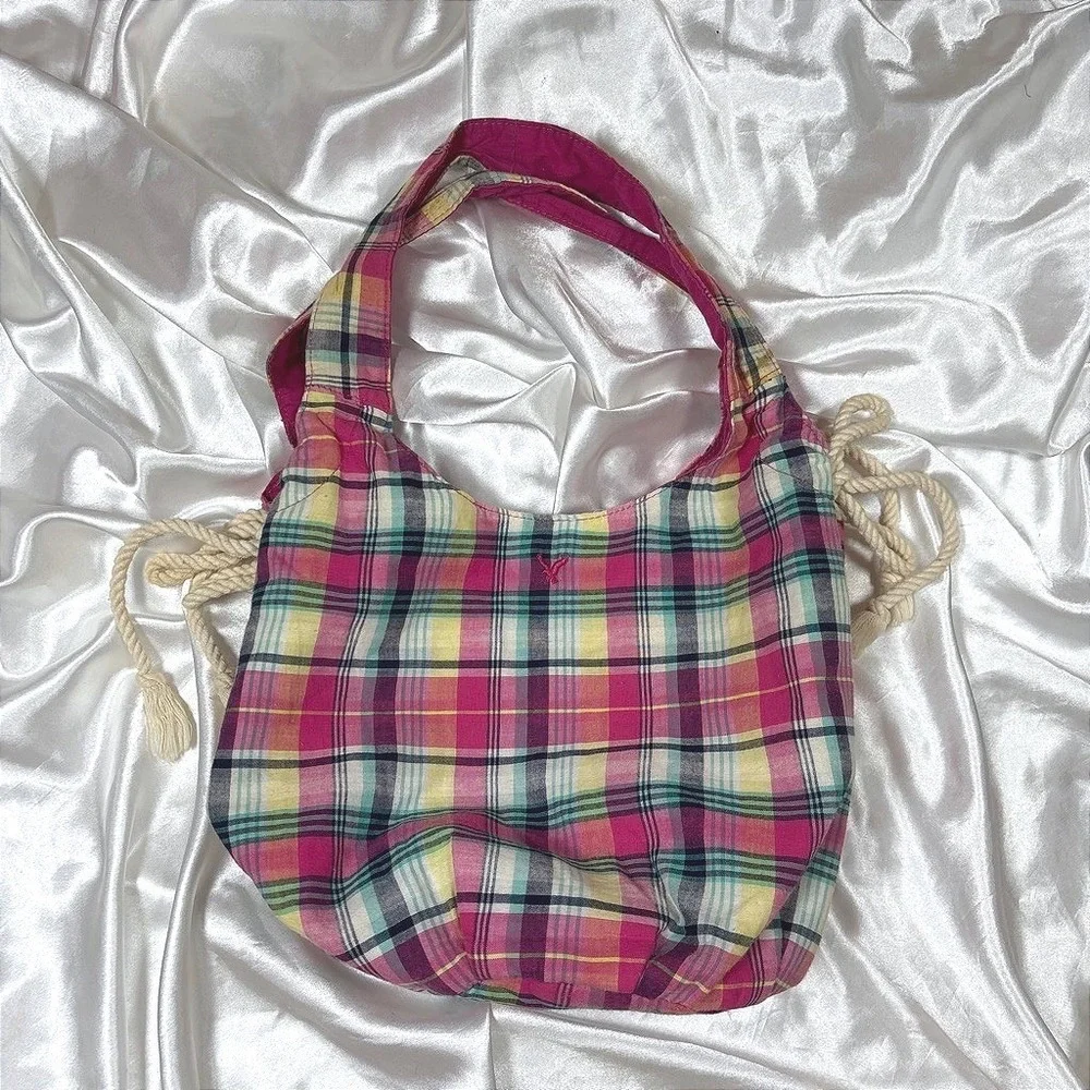 y2k Hobo Bag Pink Excellent American Eagle Plaid Rope Drawstring Canvas Tote